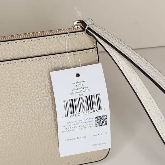 Kate Spade Medium Large Zip Wristlet - Lucy - Pebbled Leather - Light Sand - NWT - Picture 7 of 9